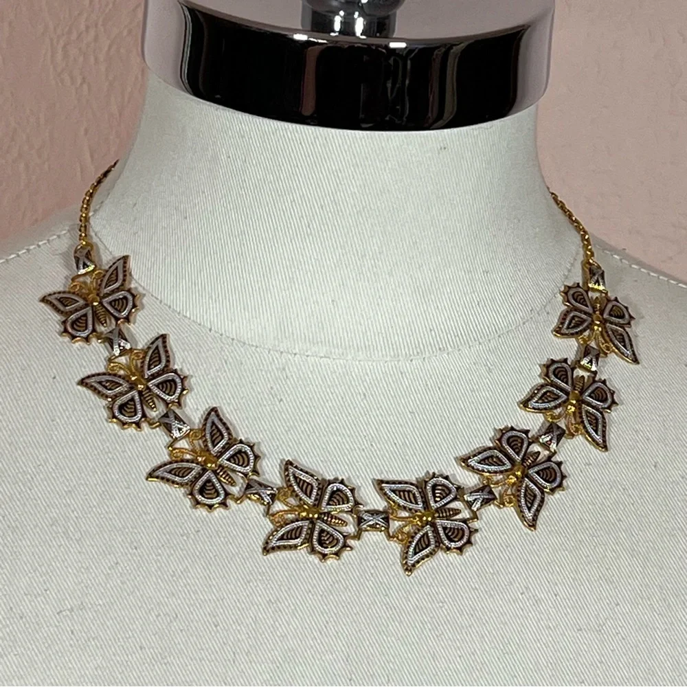 Art deco Gold Plated Spanish Damascene Butterfly vintage Necklace Earring set
